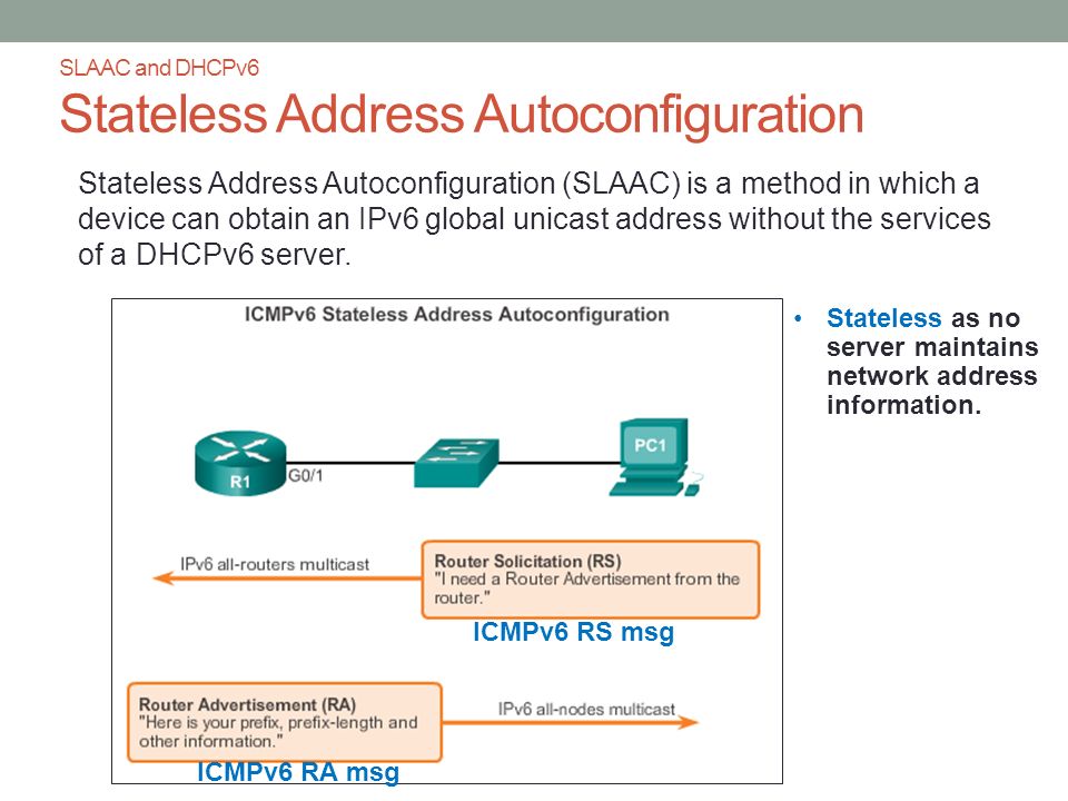 SLAAC and DHCPv6 Stateless Address Autoconfiguration Stateless Address Autoconfiguration (SLAAC) is a method in which a device can obtain an IPv6 global unicast address without the services of a DHCPv6 server.