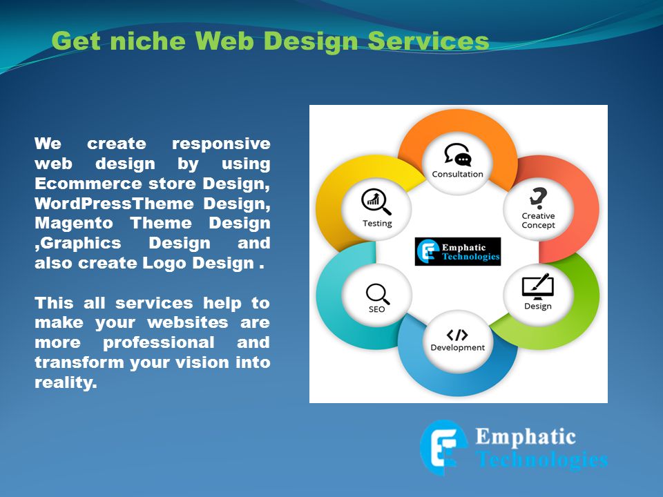 We create responsive web design by using Ecommerce store Design, WordPressTheme Design, Magento Theme Design,Graphics Design and also create Logo Design.