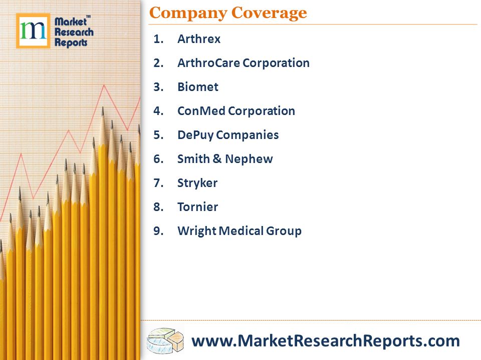 Company Coverage 1.Arthrex 2.ArthroCare Corporation 3.Biomet 4.ConMed Corporation 5.DePuy Companies 6.Smith & Nephew 7.Stryker 8.Tornier 9.Wright Medical Group