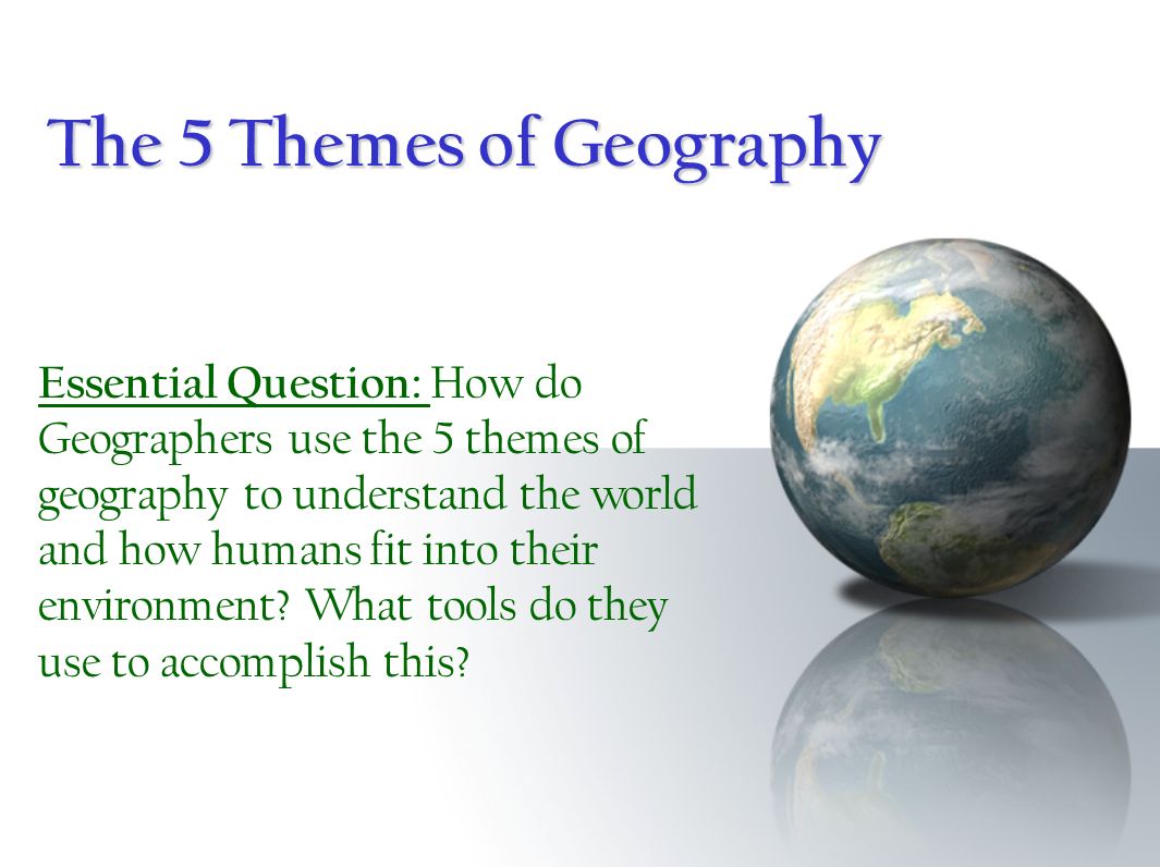 the 5 themes of geography The five themes of geography are just like thisonce you learn about them, you start seeing them everywhere the first step is the knowledge quest here, you'll get to demonstrate your understanding of the five themes. the 5 themes of geography The five themes of geography are just like thisonce you learn about them, you start seeing them everywhere the first step is the knowledge quest here, you'll get to demonstrate your understanding of the five themes.