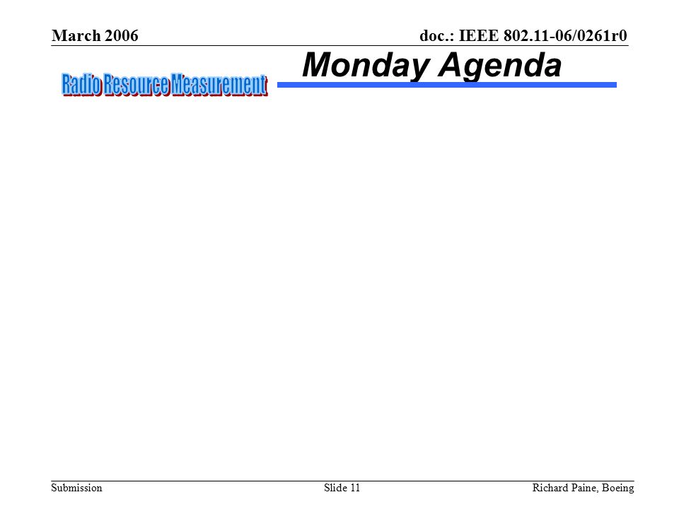March 2006 Richard Paine, BoeingSlide 11 doc.: IEEE /0261r0 Submission Monday Agenda