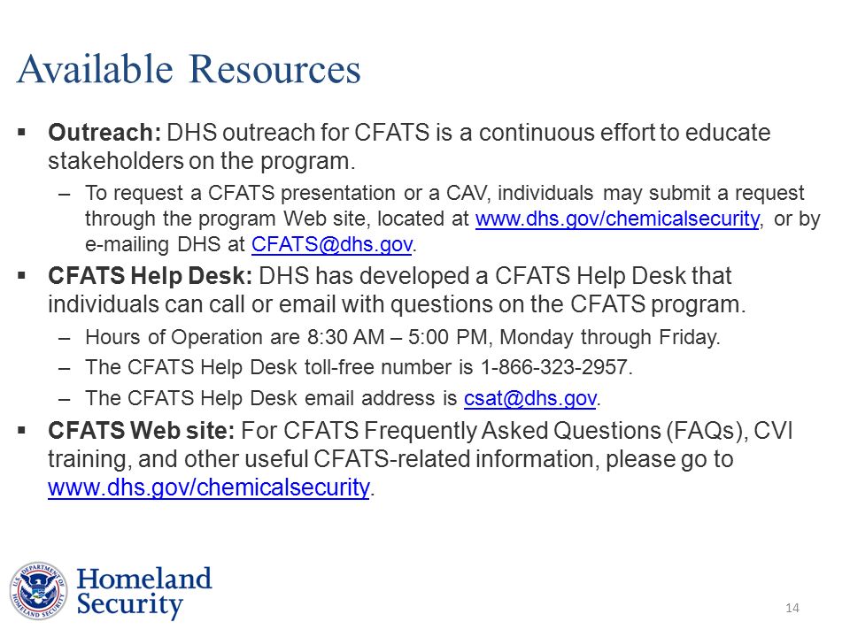 National Protection And Programs Directorate Department Of Available Resources Outreach Dhs For Cfats Is A Continuous Effort To Educate Stakeholders