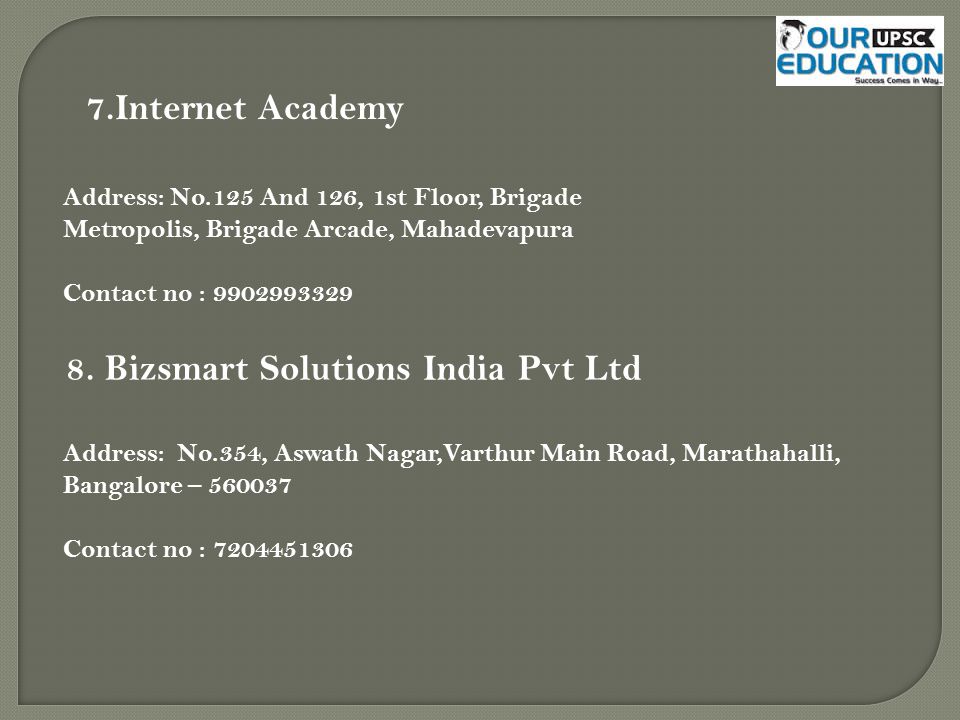 7.Internet Academy Address: No.125 And 126, 1st Floor, Brigade Metropolis, Brigade Arcade, Mahadevapura Contact no :