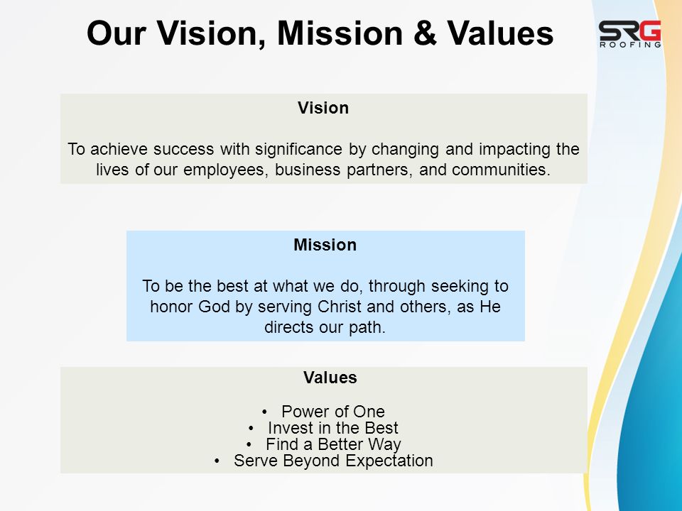 Our Vision, Mission & Values Values Power of One Invest in the Best Find a Better Way Serve Beyond Expectation Vision To achieve success with significance by changing and impacting the lives of our employees, business partners, and communities.