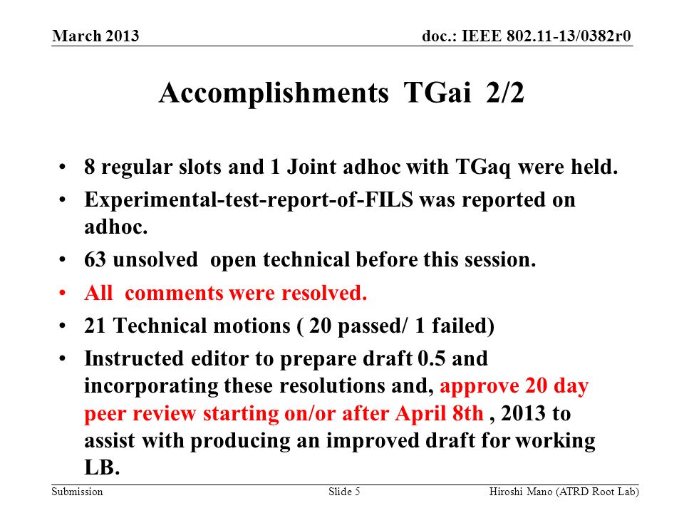 doc.: IEEE /0382r0 Submission Accomplishments TGai 2/2 8 regular slots and 1 Joint adhoc with TGaq were held.
