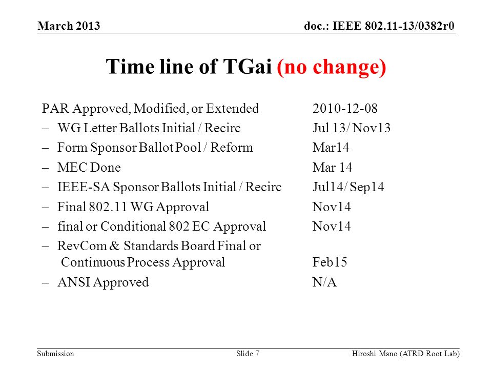 doc.: IEEE /0382r0 Submission Time line of TGai (no change) PAR Approved, Modified, or Extended –WG Letter Ballots Initial / RecircJul 13/ Nov13 –Form Sponsor Ballot Pool / Reform Mar14 –MEC DoneMar 14 –IEEE-SA Sponsor Ballots Initial / Recirc Jul14/ Sep14 –Final WG Approval Nov14 –final or Conditional 802 EC Approval Nov14 –RevCom & Standards Board Final or Continuous Process Approval Feb15 –ANSI ApprovedN/A March 2013 Slide 7Hiroshi Mano (ATRD Root Lab)