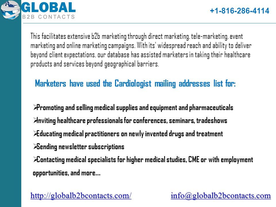 Id :  Promoting and selling medical supplies and equipment and pharmaceuticals  Inviting healthcare professionals for conferences, seminars, tradeshows  Educating medical practitioners on newly invented drugs and treatment  Sending newsletter subscriptions  Contacting medical specialists for higher medical studies, CME or with employment opportunities, and more...