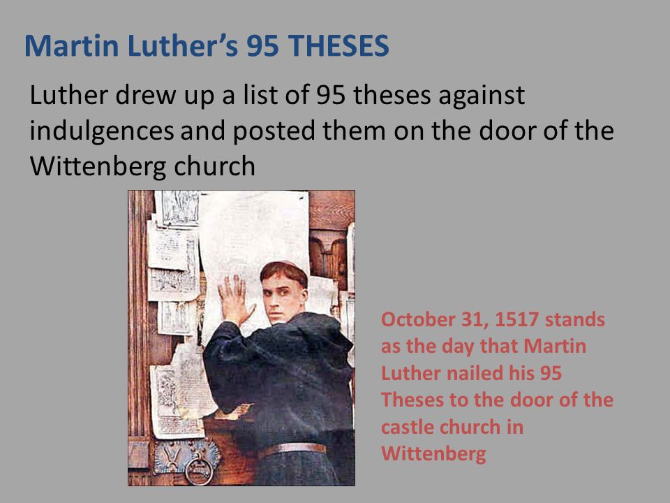 martin luther 13 thesis The ninety-five theses or disputation on the power of indulgences (latin: disputatio pro declaratione virtutis indulgentiarum) are a list of propositions for an academic disputation written in 1517 by martin luther, professor of moral theology at the university of wittenberg, germany, that started the reformation, a schism in the catholic church. martin luther 13 thesis The ninety-five theses or disputation on the power of indulgences (latin: disputatio pro declaratione virtutis indulgentiarum) are a list of propositions for an academic disputation written in 1517 by martin luther, professor of moral theology at the university of wittenberg, germany, that started the reformation, a schism in the catholic church.