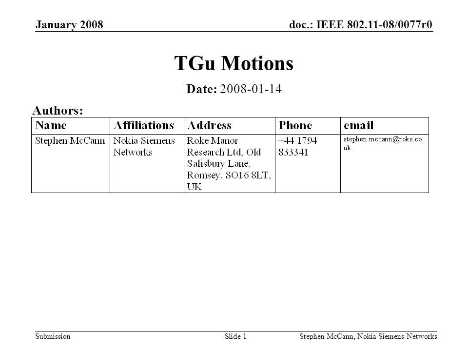 doc.: IEEE /0077r0 Submission January 2008 Stephen McCann, Nokia Siemens NetworksSlide 1 TGu Motions Date: Authors: