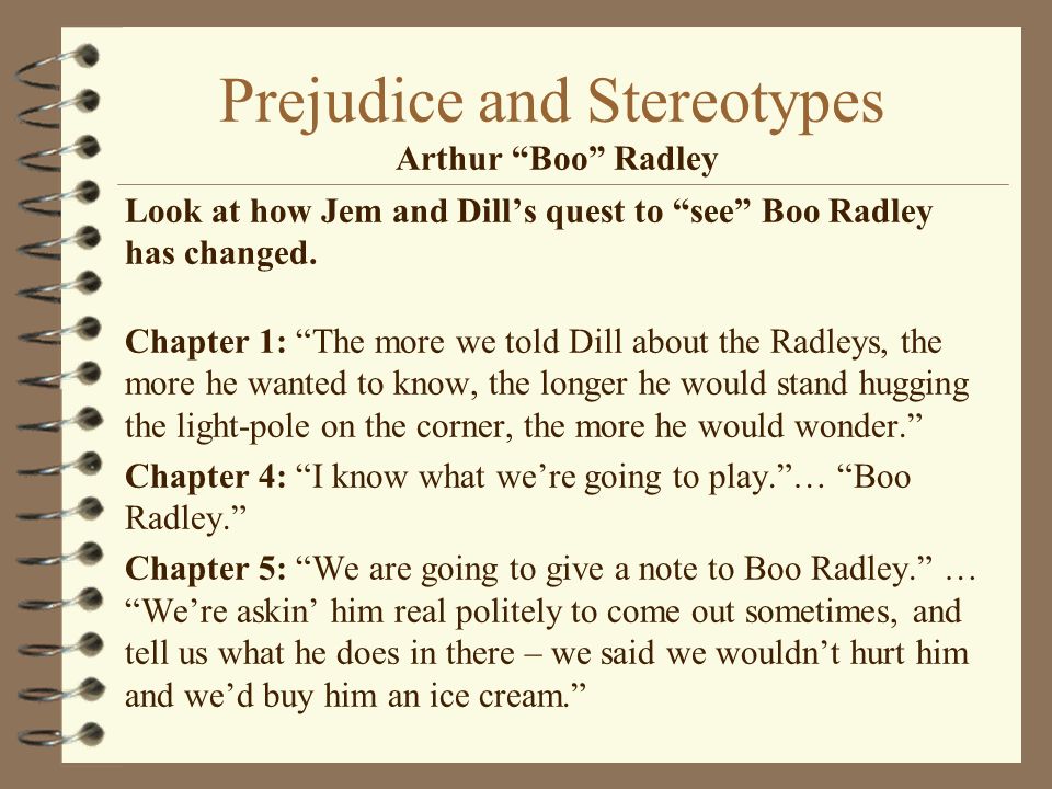 boo radley - prejudice essay Read prejudice in to kill a mockingbird free essay and over 88,000 other research documents prejudice in to kill a mockingbird prejudice prejudice (boo) radley. boo radley - prejudice essay Read prejudice in to kill a mockingbird free essay and over 88,000 other research documents prejudice in to kill a mockingbird prejudice prejudice (boo) radley.