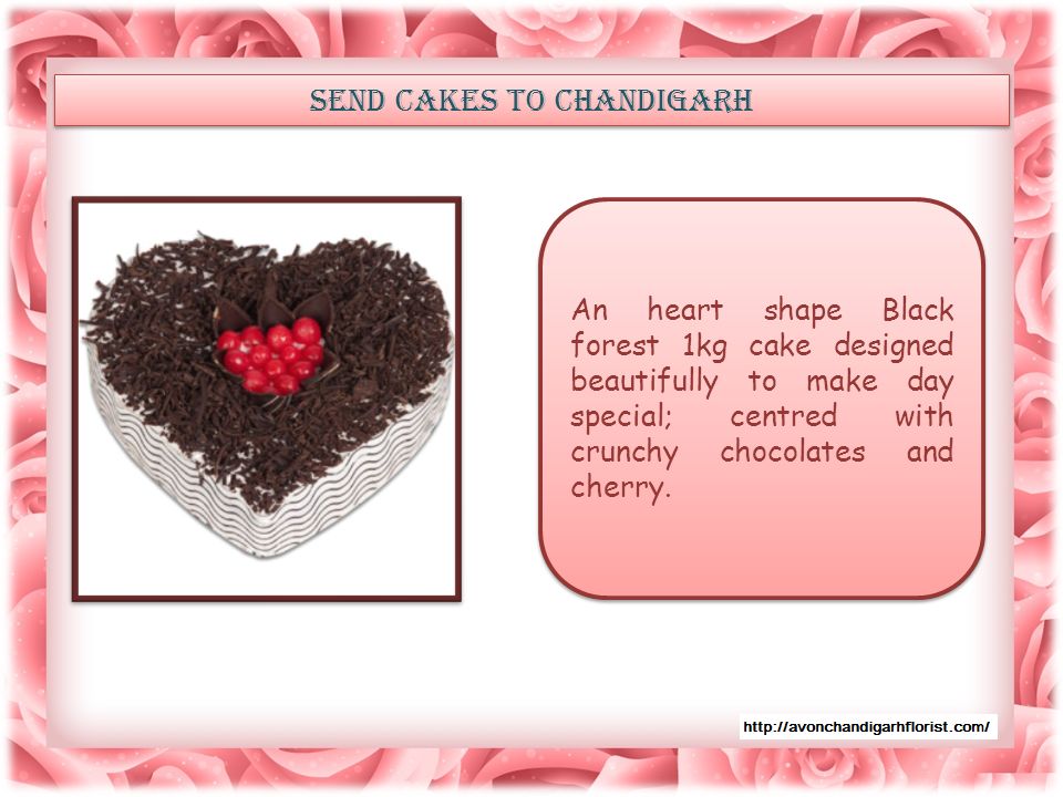 SEND CAKES TO Chandigarh An heart shape Black forest 1kg cake designed beautifully to make day special; centred with crunchy chocolates and cherry.
