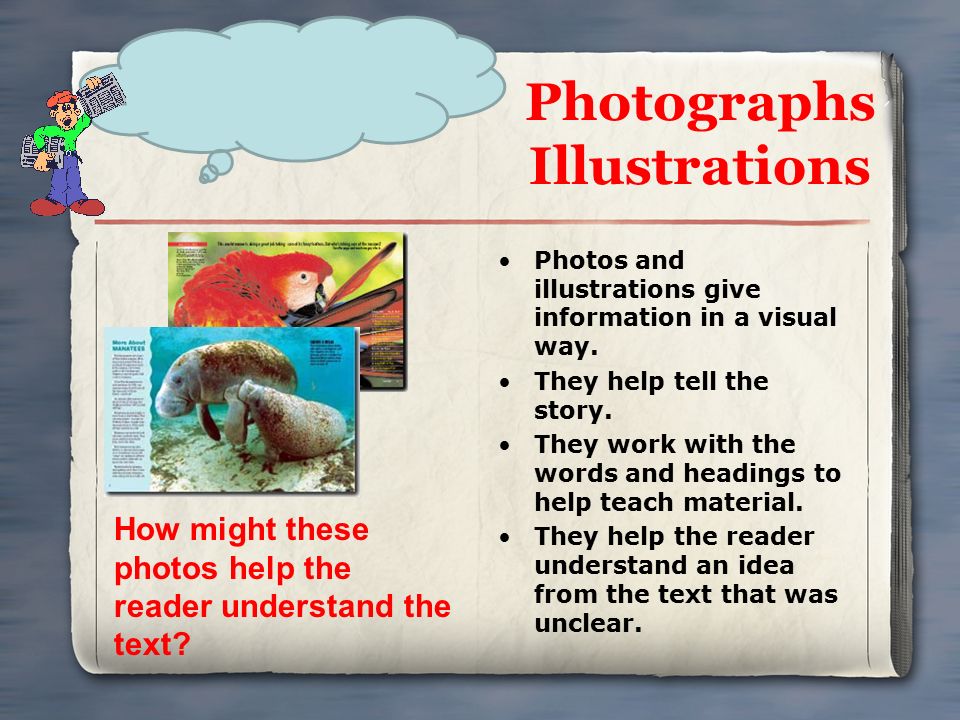 Photographs Illustrations Photos and illustrations give information in a visual way.