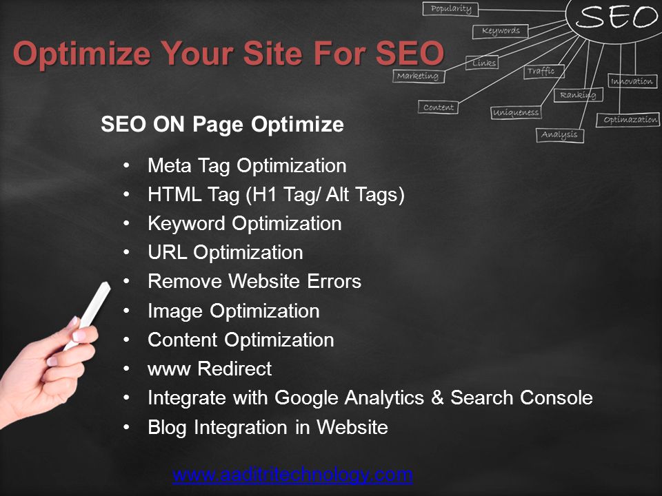 Optimize Your Site For SEO Meta Tag Optimization HTML Tag (H1 Tag/ Alt Tags) Keyword Optimization URL Optimization Remove Website Errors Image Optimization Content Optimization www Redirect Integrate with Google Analytics & Search Console Blog Integration in Website SEO ON Page Optimize