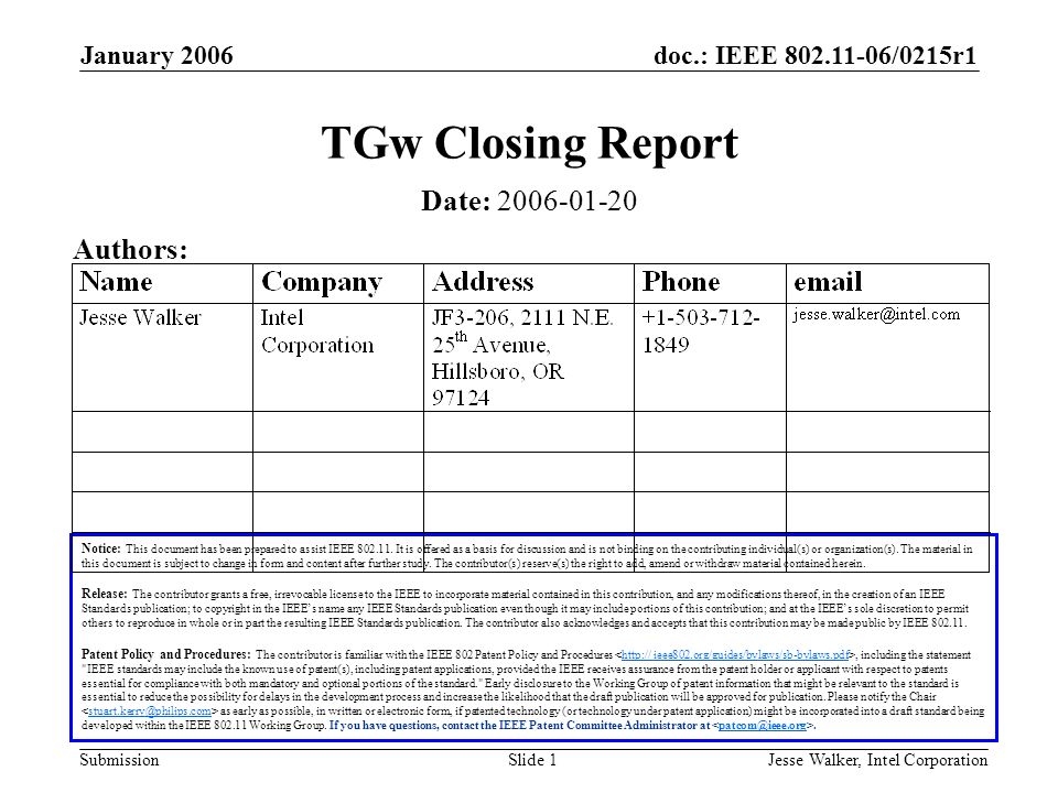 doc.: IEEE /0215r1 Submission January 2006 Jesse Walker, Intel CorporationSlide 1 TGw Closing Report Notice: This document has been prepared to assist IEEE