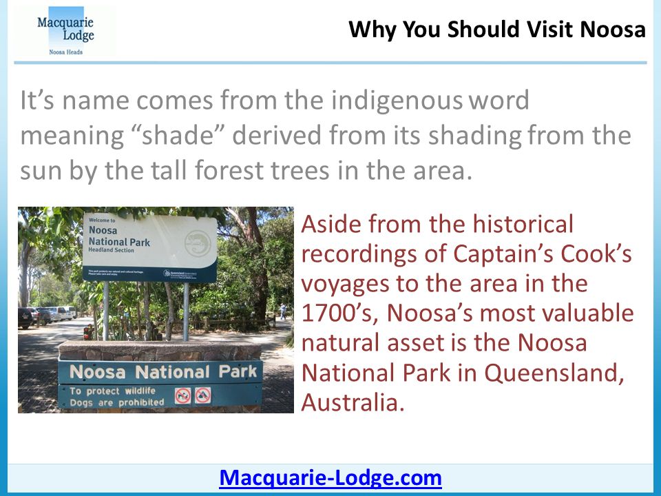 Why You Should Visit Noosa Macquarie-Lodge.com Aside from the historical recordings of Captain’s Cook’s voyages to the area in the 1700’s, Noosa’s most valuable natural asset is the Noosa National Park in Queensland, Australia.