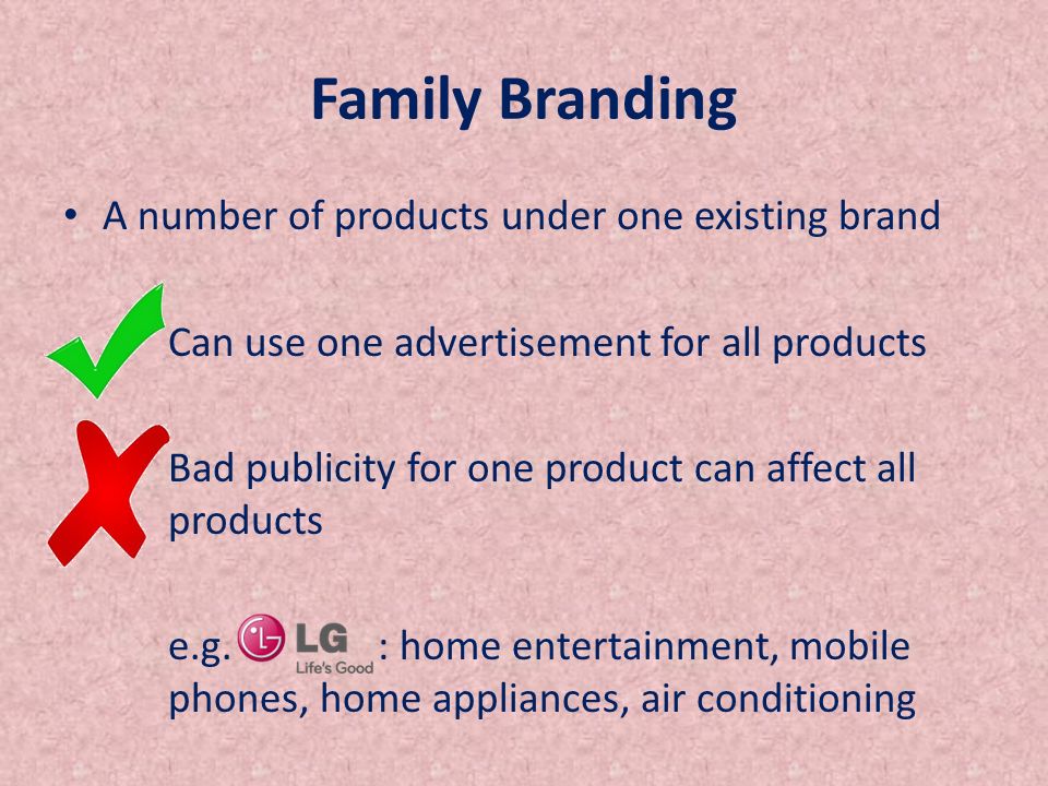 Family Branding A number of products under one existing brand Can use one advertisement for all products Bad publicity for one product can affect all products e.g.
