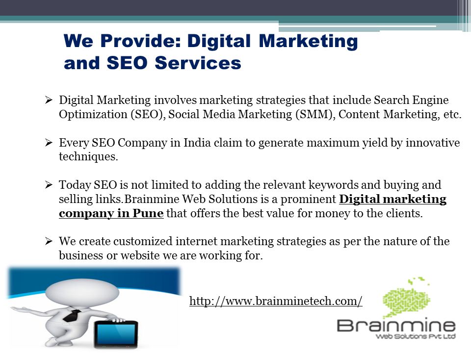 We Provide: Digital Marketing and SEO Services  Digital Marketing involves marketing strategies that include Search Engine Optimization (SEO), Social Media Marketing (SMM), Content Marketing, etc.