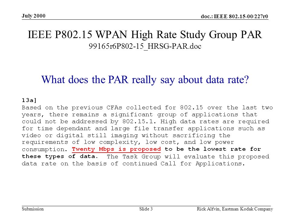 doc.: IEEE /227r0 Submission July 2000 Rick Alfvin, Eastman Kodak CompanySlide 3 IEEE P WPAN High Rate Study Group PAR 99165r6P802-15_HRSG-PAR.doc What does the PAR really say about data rate