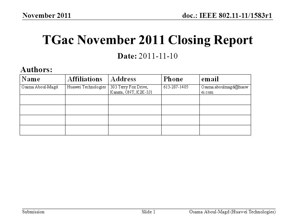 doc.: IEEE /1583r1 Submission November 2011 Osama Aboul-Magd (Huawei Technologies)Slide 1 TGac November 2011 Closing Report Date: Authors: