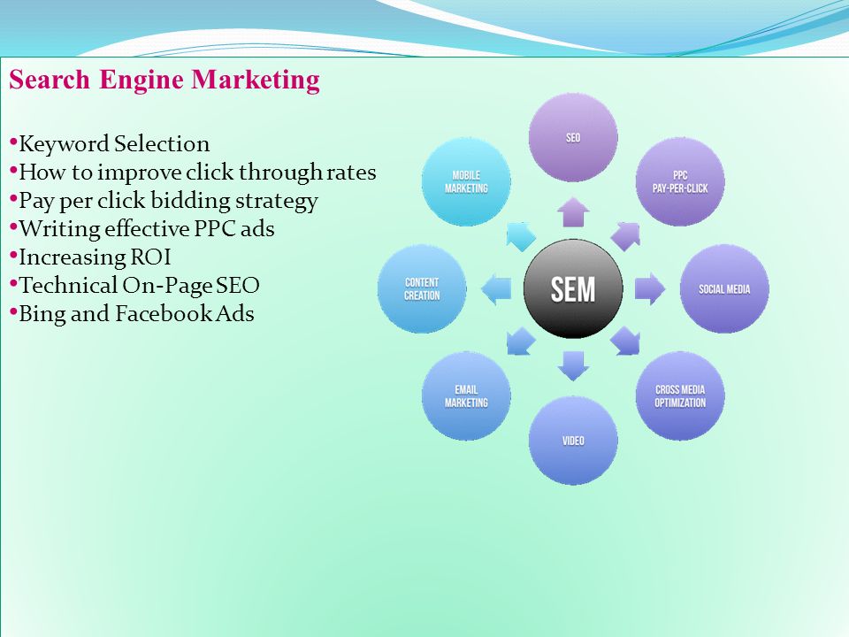 Search Engine Marketing Keyword Selection How to improve click through rates Pay per click bidding strategy Writing effective PPC ads Increasing ROI Technical On-Page SEO Bing and Facebook Ads Search Engine Marketing Keyword Selection How to improve click through rates Pay per click bidding strategy Writing effective PPC ads Increasing ROI Technical On-Page SEO Bing and Facebook Ads