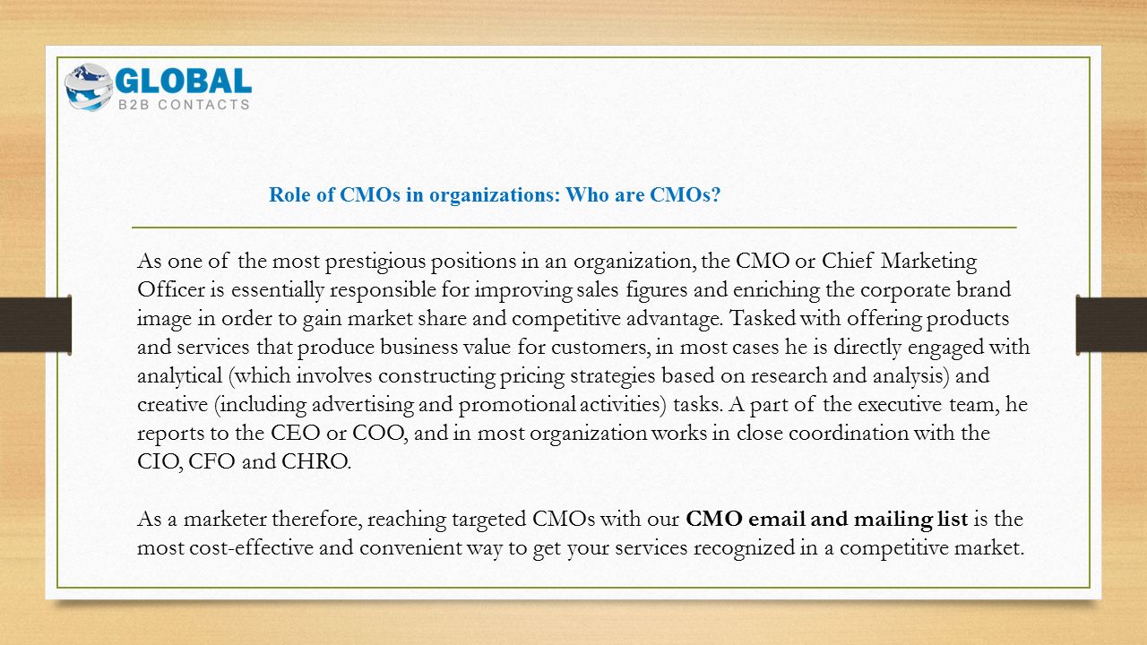 Role of CMOs in organizations: Who are CMOs.