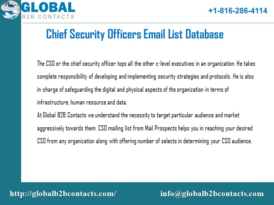 Chief Security Officers  List Database The CSO or the chief security officer tops all the other c-level executives in an organization.