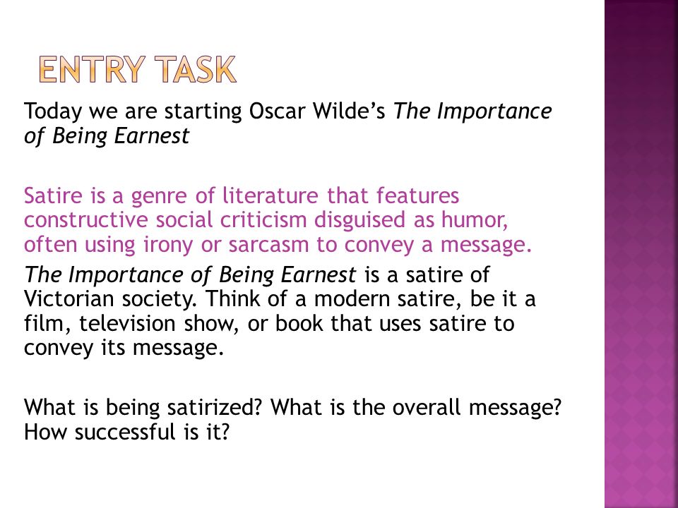 the importance of being earnest essays Even using the name ernest for his secret life is ironic because algernon is not being dutiful — earnest — in living a secret life various characters in the play allude to passion, sex and moral looseness. the importance of being earnest essays Even using the name ernest for his secret life is ironic because algernon is not being dutiful — earnest — in living a secret life various characters in the play allude to passion, sex and moral looseness.