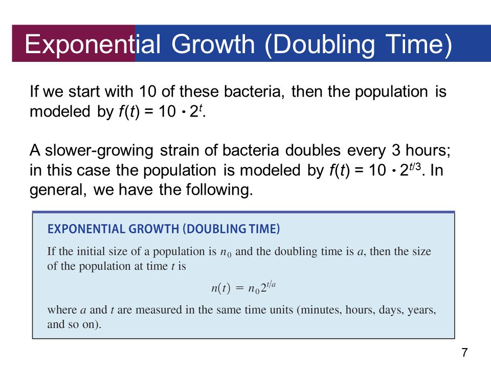 Exponential And Logarithmic Functions 4 Copyright Cengage 7 Exponential Growth Doubling Time If We Start With 10 Of These Bacteria