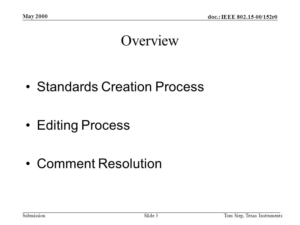 doc.: IEEE /152r0 Submission May 2000 Tom Siep, Texas InstrumentsSlide 3 Overview Standards Creation Process Editing Process Comment Resolution