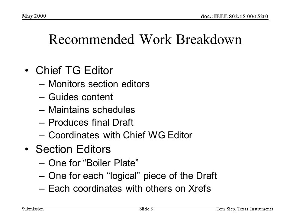 doc.: IEEE /152r0 Submission May 2000 Tom Siep, Texas InstrumentsSlide 8 Recommended Work Breakdown Chief TG Editor –Monitors section editors –Guides content –Maintains schedules –Produces final Draft –Coordinates with Chief WG Editor Section Editors –One for Boiler Plate –One for each logical piece of the Draft –Each coordinates with others on Xrefs