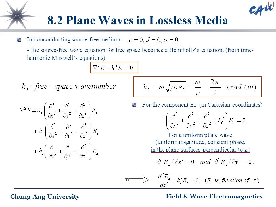 Chung Ang University Field Wave Electromagnetics Ch 8 Plane Chung Ang University Field Wave Electromagnetics 8 2 Plane Waves In Lossless Media Nonconducting