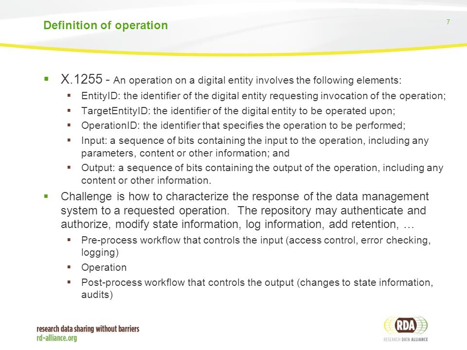 7  X An operation on a digital entity involves the following elements:  EntityID: the identifier of the digital entity requesting invocation of the operation;  TargetEntityID: the identifier of the digital entity to be operated upon;  OperationID: the identifier that specifies the operation to be performed;  Input: a sequence of bits containing the input to the operation, including any parameters, content or other information; and  Output: a sequence of bits containing the output of the operation, including any content or other information.