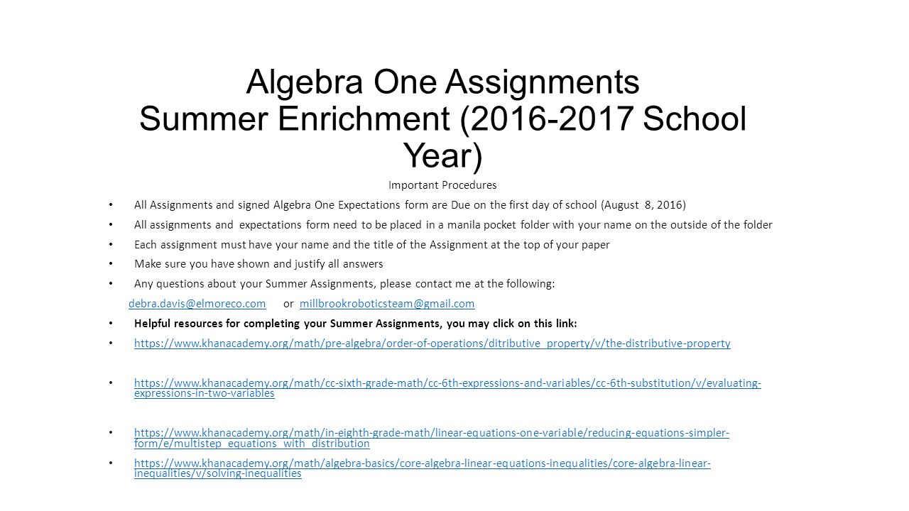 Algebra One Assignments Summer Enrichment School Year Important 1 Algebra