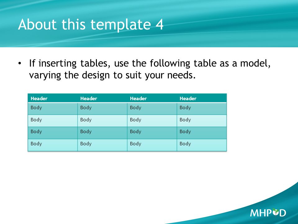 About this template 4 If inserting tables, use the following table as a model, varying the design to suit your needs.