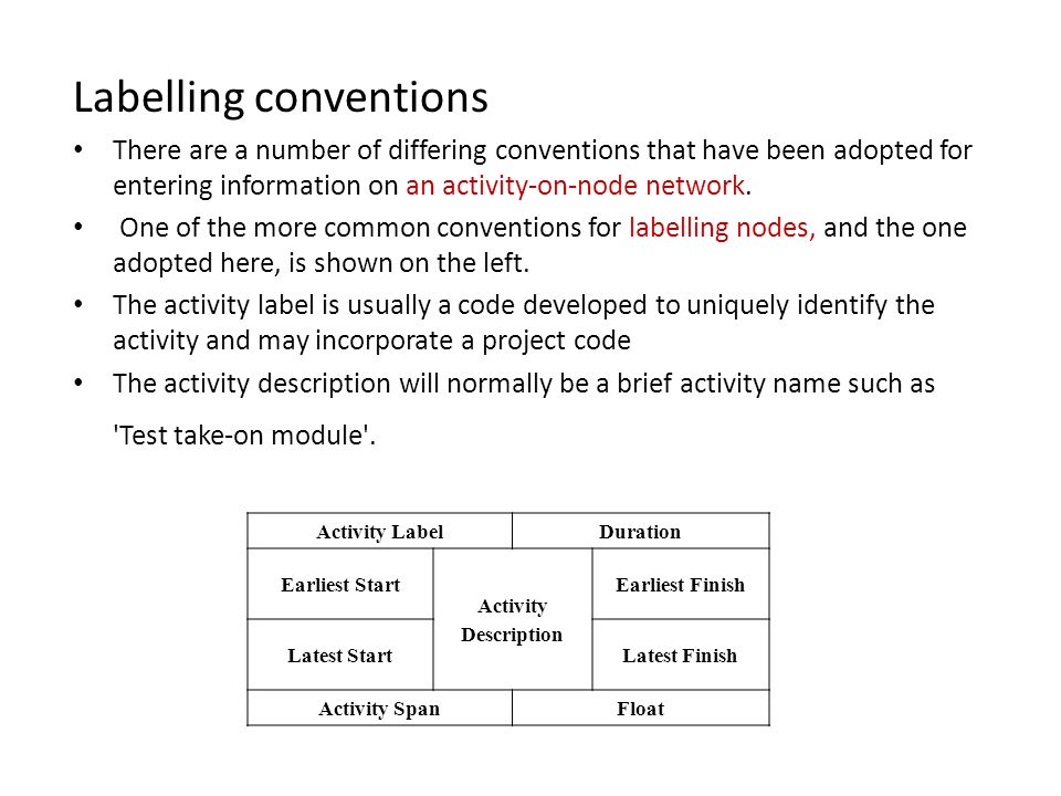 Labelling conventions There are a number of differing conventions that have been adopted for entering information on an activity-on-node network.