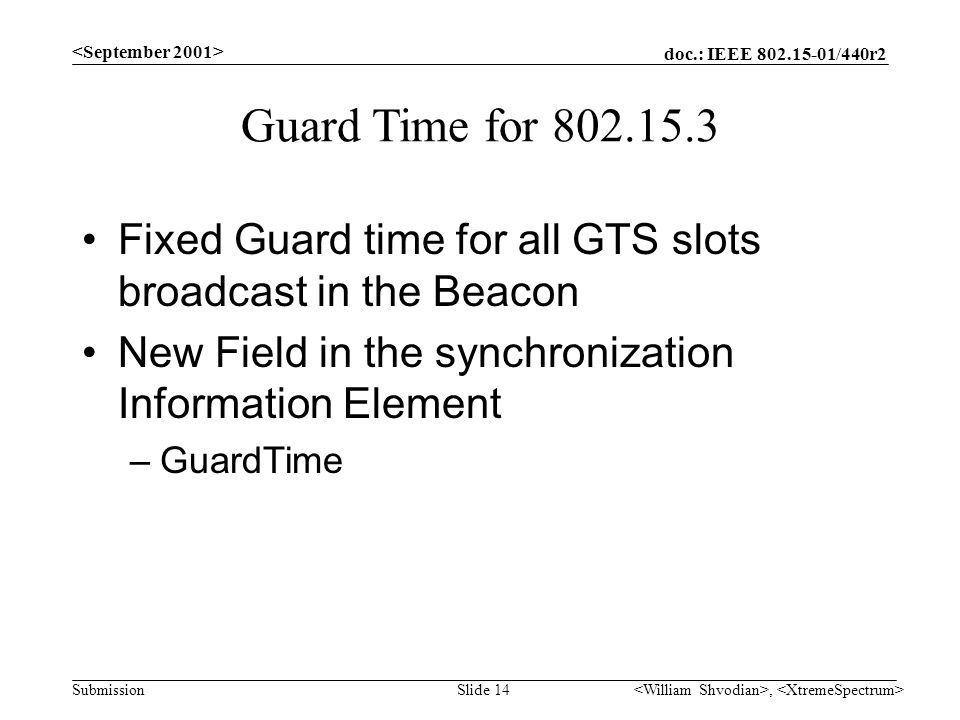 doc.: IEEE /440r2 Submission, Slide 14 Guard Time for Fixed Guard time for all GTS slots broadcast in the Beacon New Field in the synchronization Information Element –GuardTime