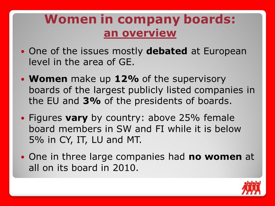 Women in company boards: an overview One of the issues mostly debated at European level in the area of GE.