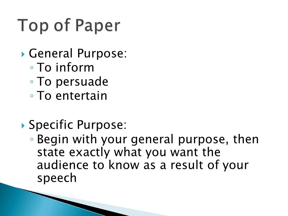 specific purpose to inform my audience Chapter 14: speaking to inform selection of informative topics specific purpose: to inform my audience on the reasons people become vegetarians. specific purpose to inform my audience Chapter 14: speaking to inform selection of informative topics specific purpose: to inform my audience on the reasons people become vegetarians.