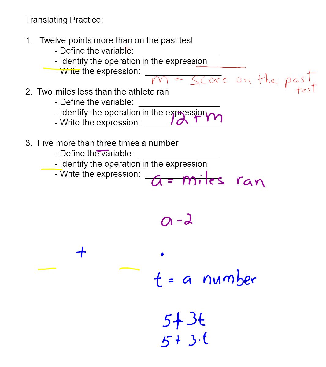 worksheet Translating Expressions 1 3 variables and expressions objectives evaluate 5 translating