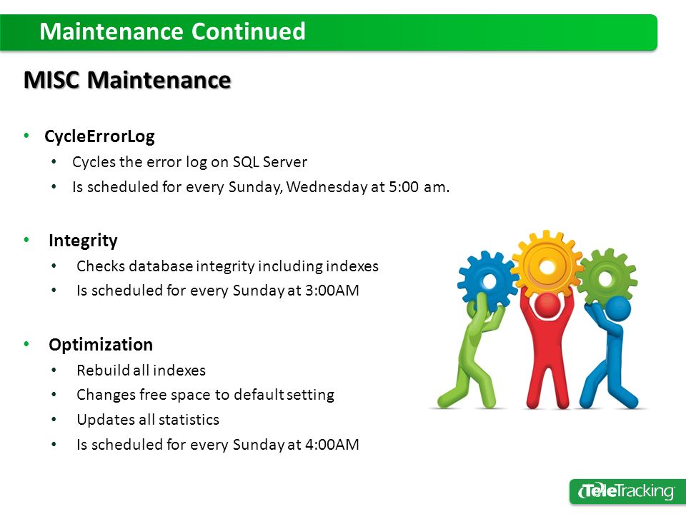 MISC Maintenance CycleErrorLog Cycles the error log on SQL Server Is scheduled for every Sunday, Wednesday at 5:00 am.