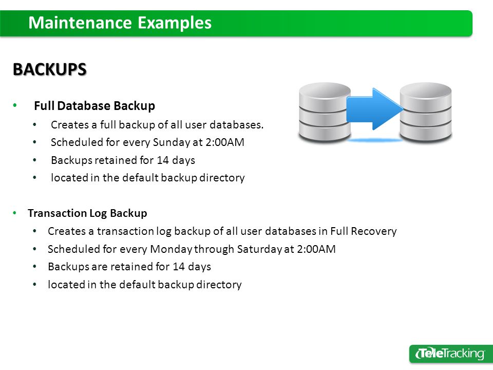 BACKUPS Full Database Backup Creates a full backup of all user databases.
