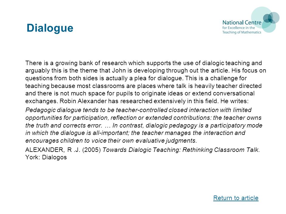 Effective Questioning And Responding In The Mathematics Clroom Dialogue There Is A Growing Bank Of Research Which Supports The Use Dialogic Teaching And