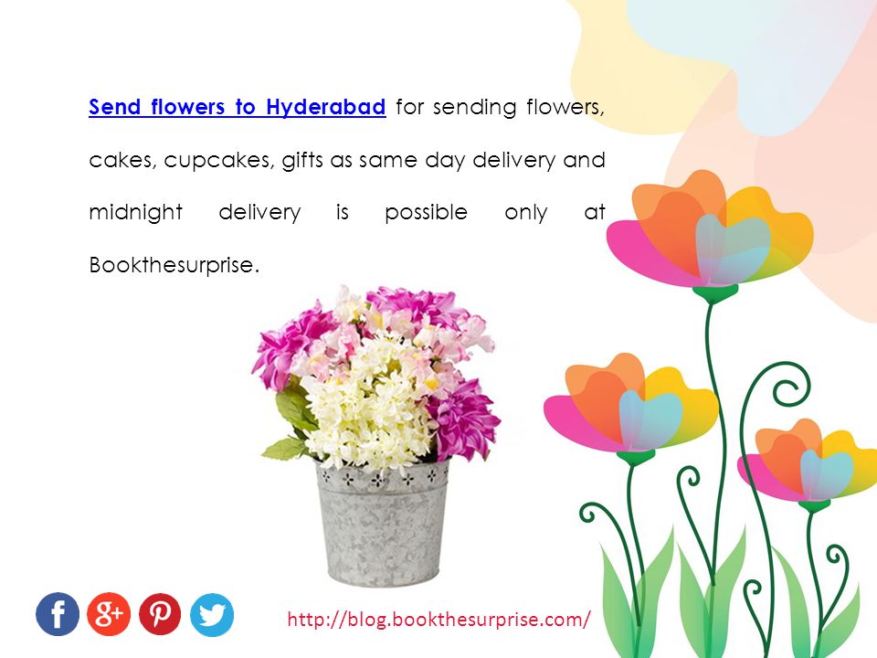 Send flowers to HyderabadSend flowers to Hyderabad for sending flowers, cakes, cupcakes, gifts as same day delivery and midnight delivery is possible only at Bookthesurprise.