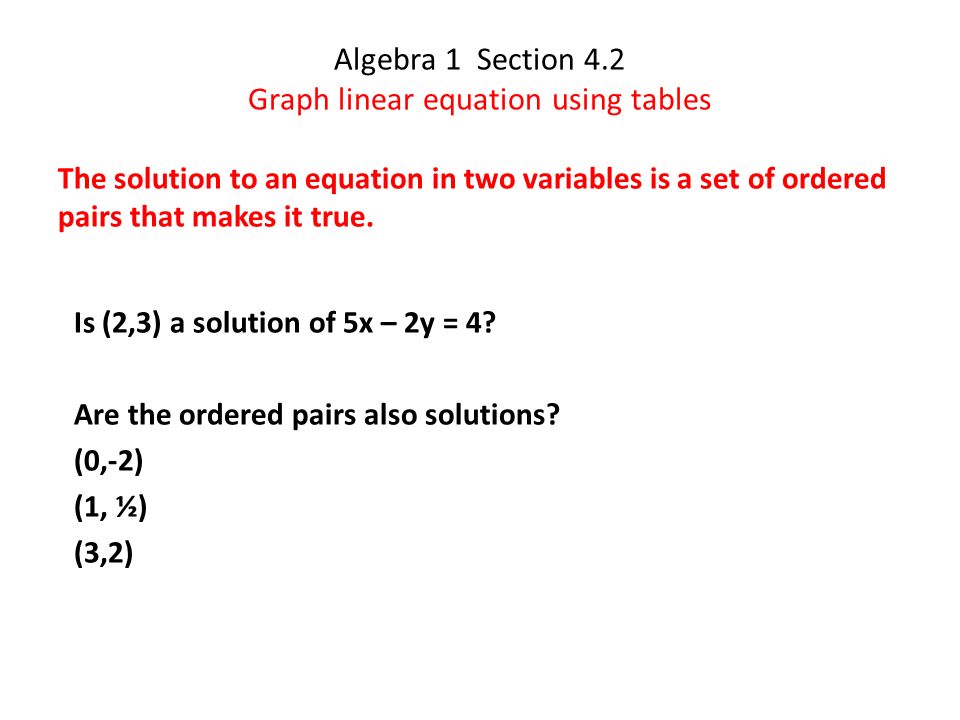 Algebra 1 Section 4 2 Graph Linear Equation Using Tables The 1 Algebra Section 4 2 Graph Linear Equation Using Tables The Solution