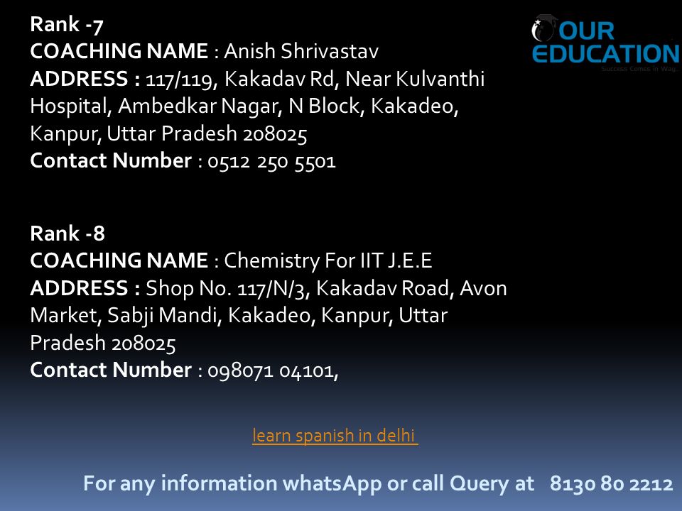 For any information whatsApp or call Query at learn spanish in delhi Rank -7 COACHING NAME : Anish Shrivastav ADDRESS : 117/119, Kakadav Rd, Near Kulvanthi Hospital, Ambedkar Nagar, N Block, Kakadeo, Kanpur, Uttar Pradesh Contact Number : Rank -8 COACHING NAME : Chemistry For IIT J.E.E ADDRESS : Shop No.
