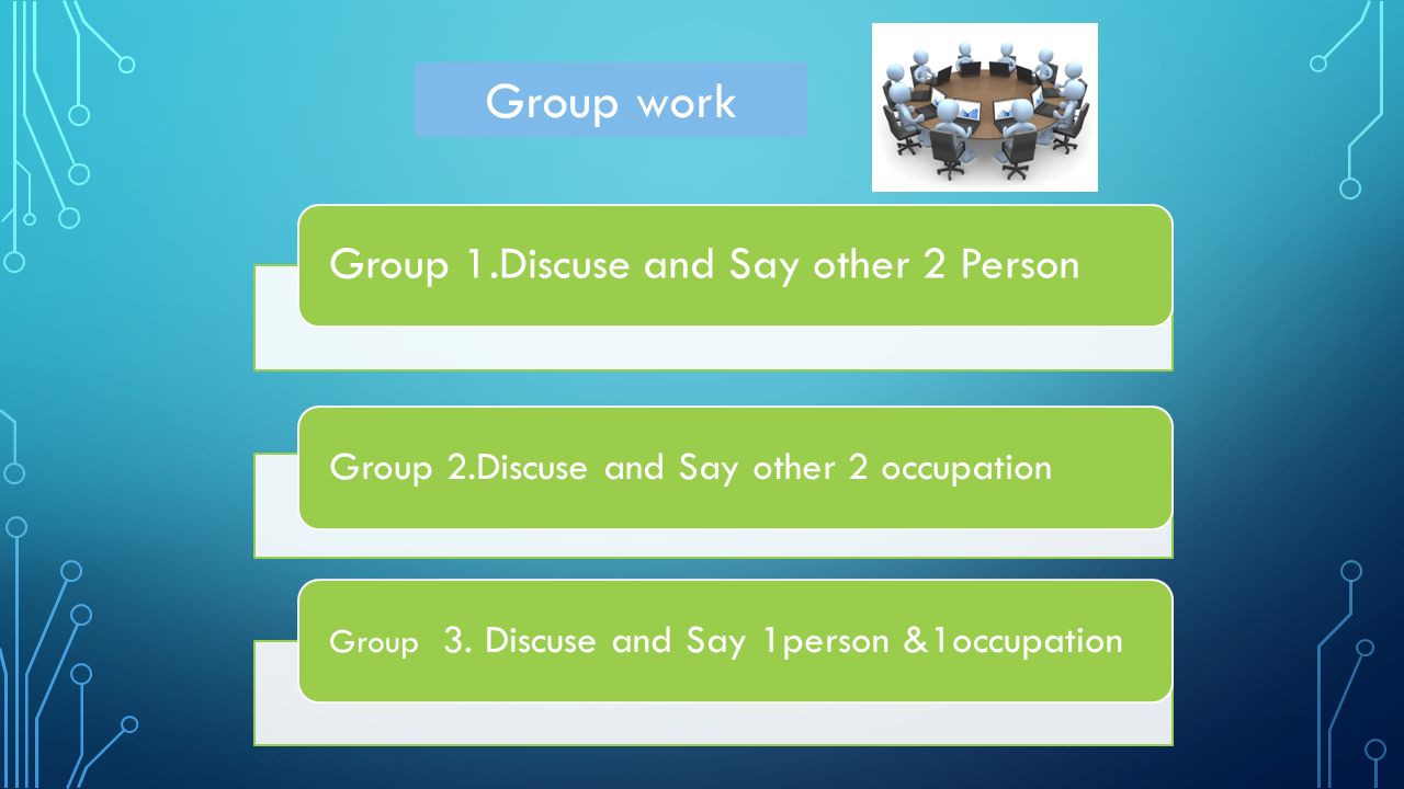 Group work Group 1.Discuse and Say other 2 Person Group 2.Discuse and Say other 2 occupation Group 3.