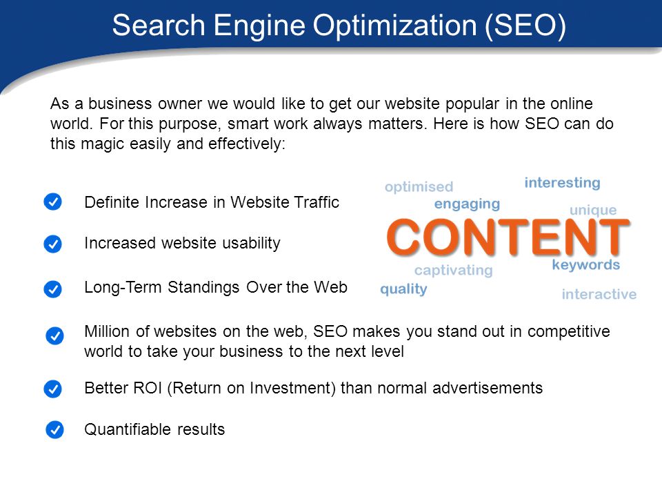 Search Engine Optimization (SEO) As a business owner we would like to get our website popular in the online world.