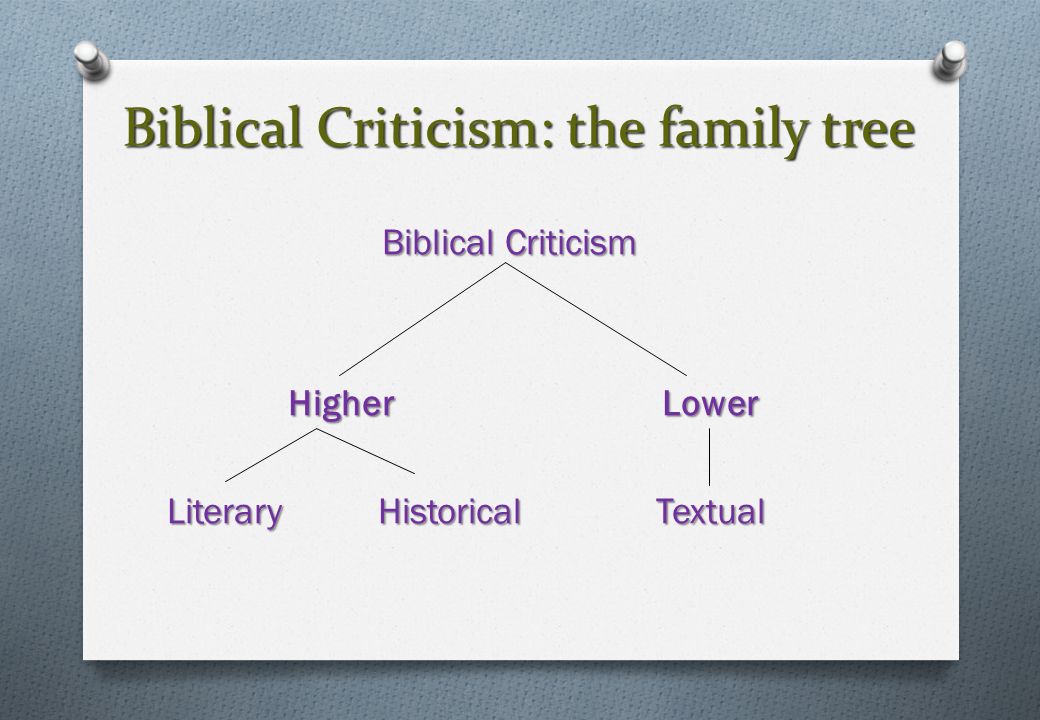 Biblical Criticism: the family tree Biblical Criticism Higher Lower Higher Lower Literary Historical Textual