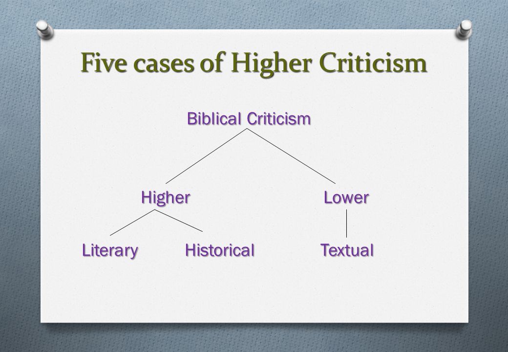 Five cases of Higher Criticism Biblical Criticism Higher Lower Higher Lower Literary Historical Textual