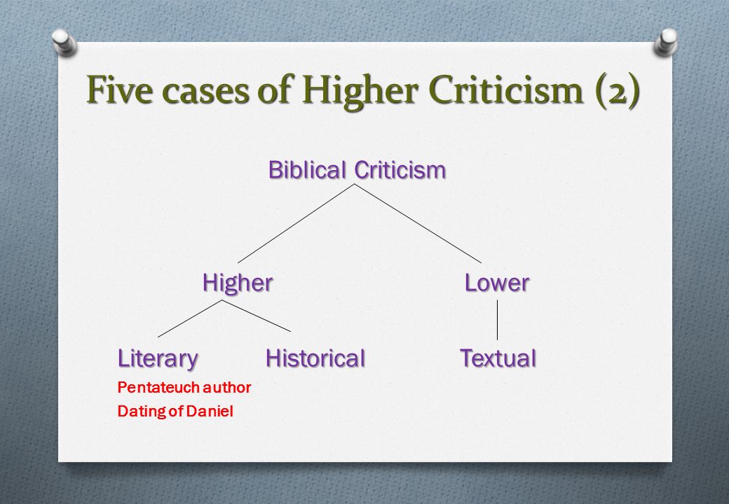 Five cases of Higher Criticism (2) Biblical Criticism Higher Lower Higher Lower Literary Historical Textual Pentateuch author Dating of Daniel